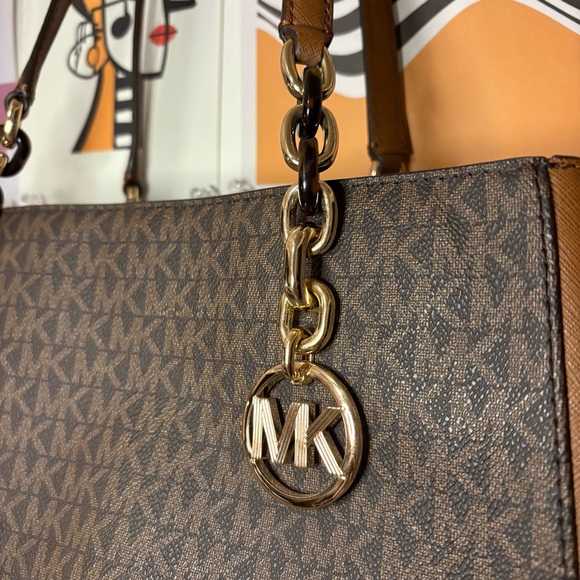 Michael Kors Monogram Shoulder Bag w/ MK Charm & Tortoise Chain Accents – Brown - Picture 2 of 16